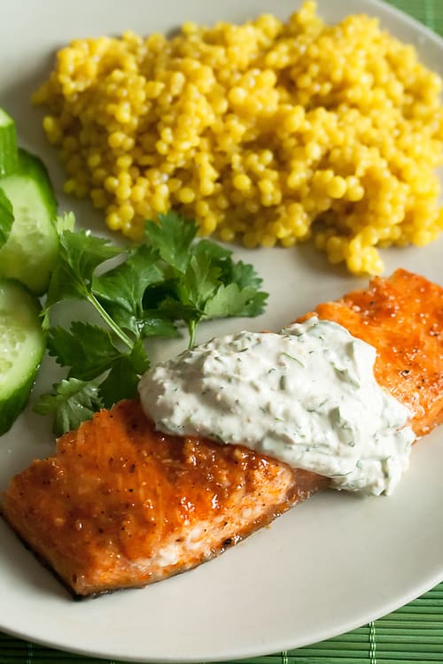 Coriander Planked Salmon with Cilantro-Yogurt Sauce