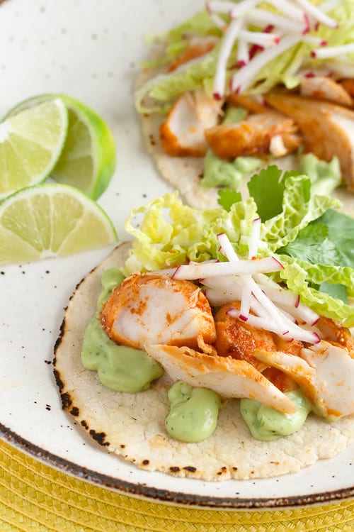 Spicy Fish Tacos with Avocado Sauce