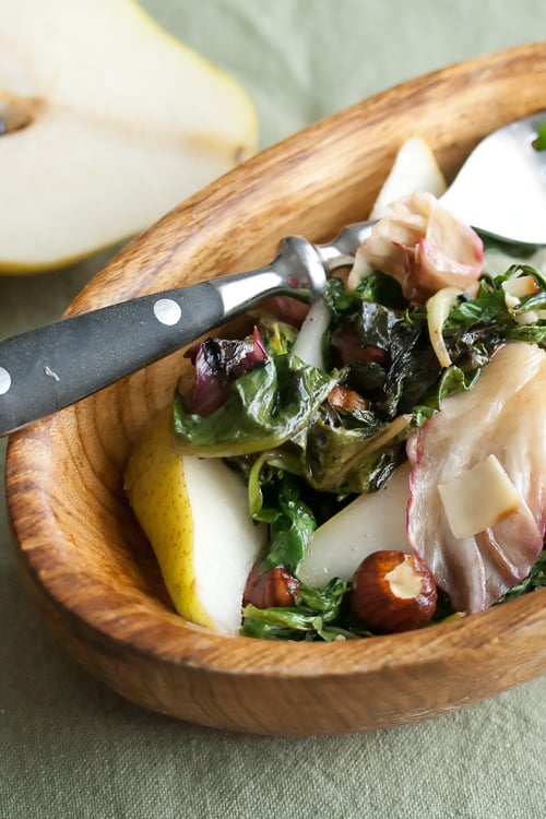 Roasted Spring Greens with Pecorino and Hazelnuts