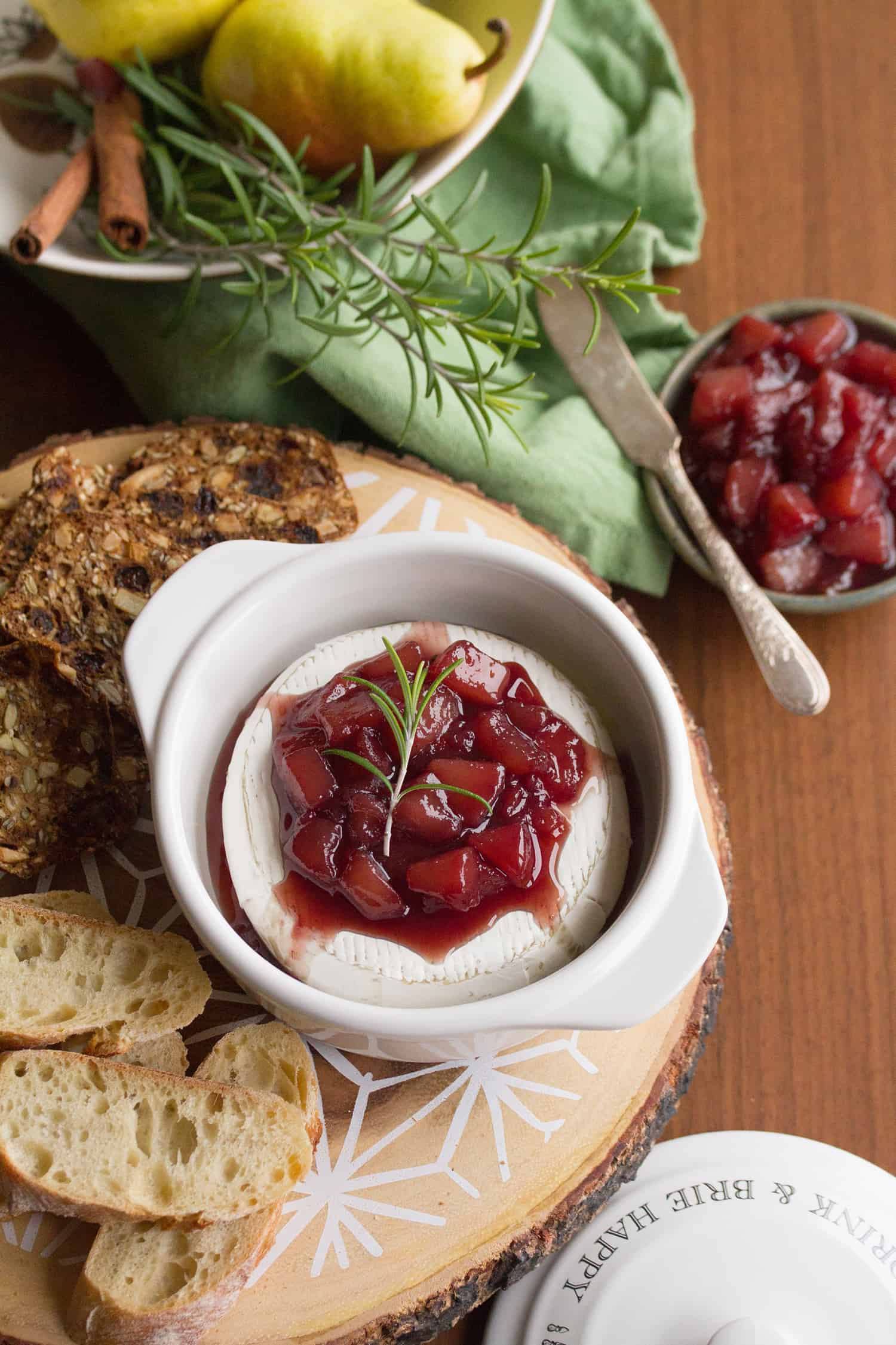 Baked Brie with Wine-Poached Pear Compote