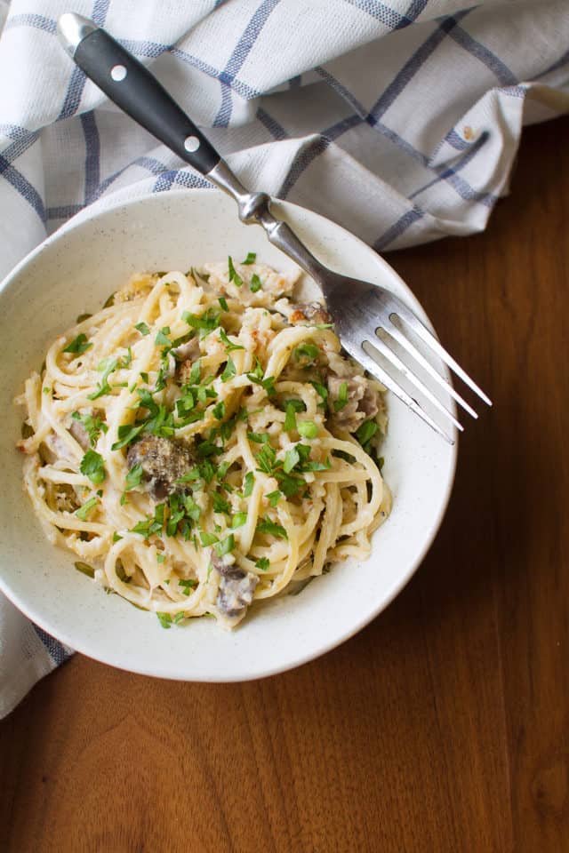 Closeup of a Bowl of Turkey Tetrazzini Casserole